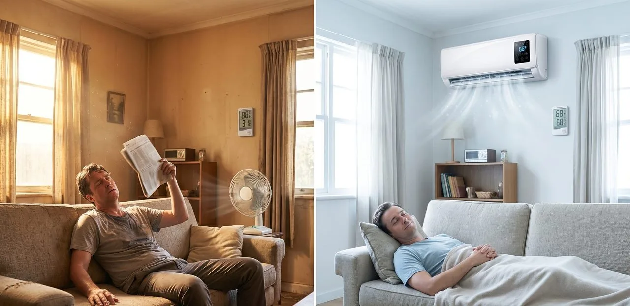AerioQ wall-mounted AC installed above a dresser in a real bedroom setting