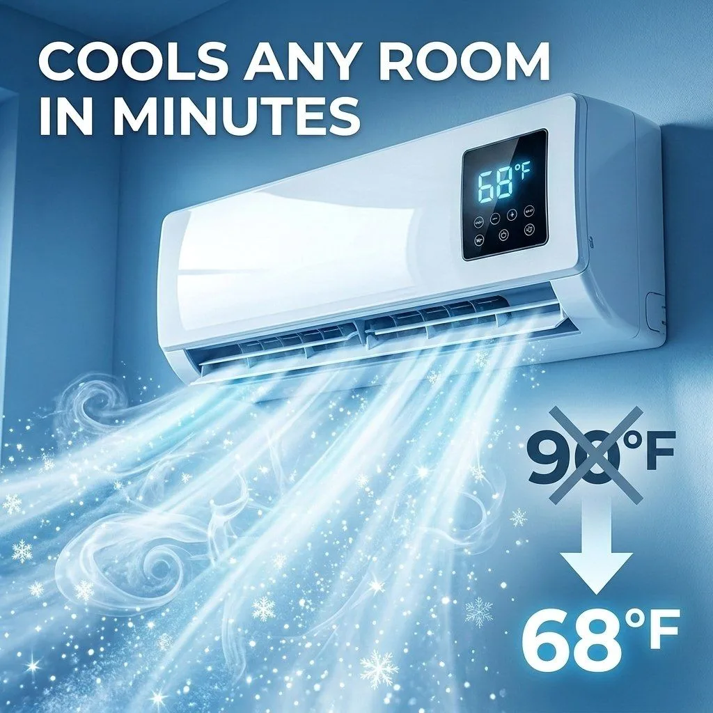 AerioQ mounted on a wall, shown alongside cooling mode icons