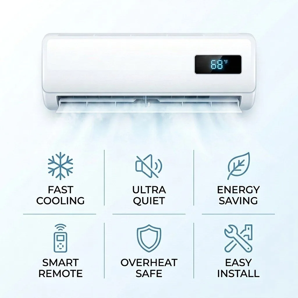 AerioQ wall-mounted AC unit installed on a bedroom wall above a dresser