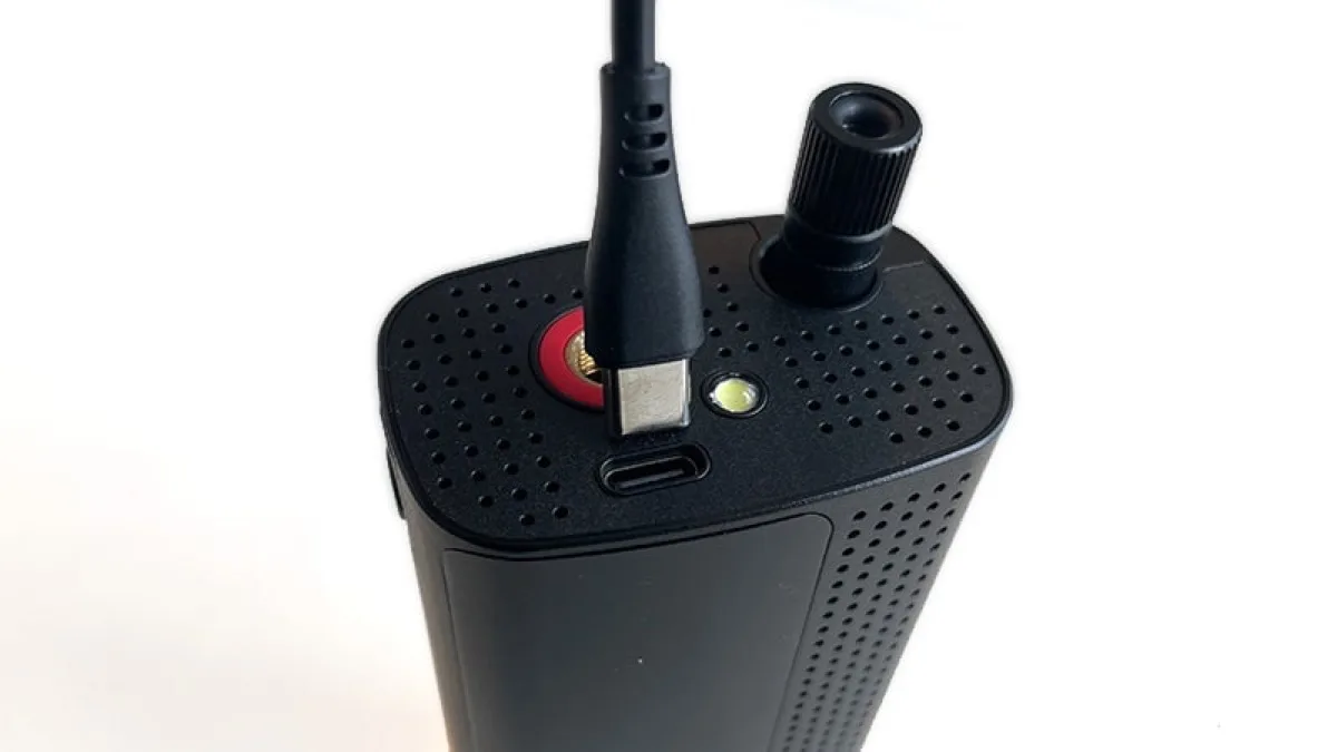 Airmoto recharging over USB-C, the included cable with no wall plug