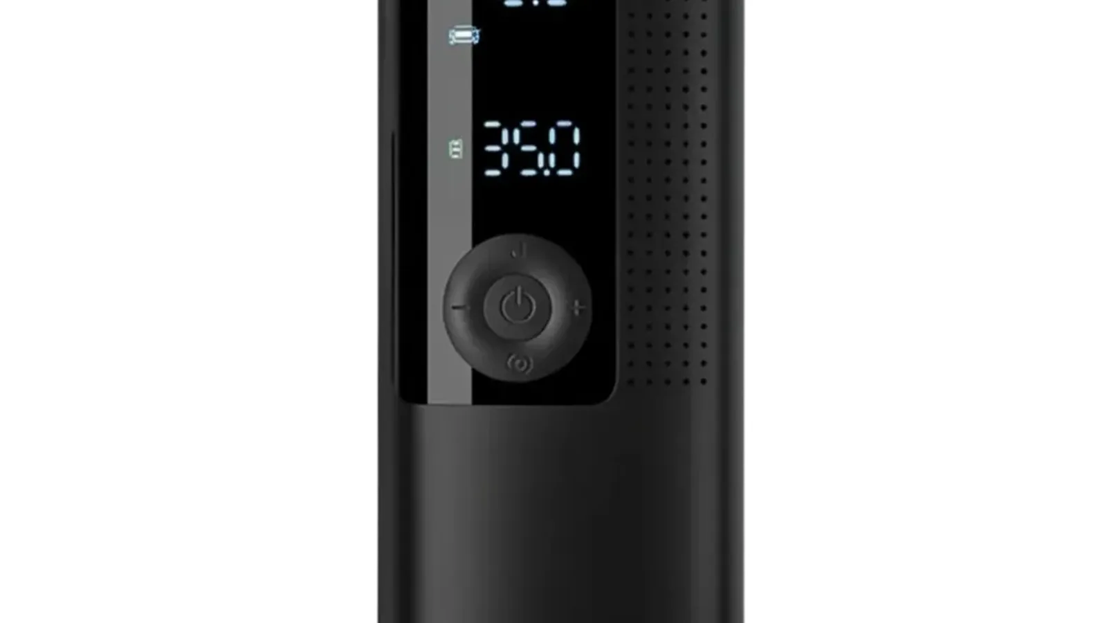 Airmoto portable tire inflator shown at size, small enough for a glove box