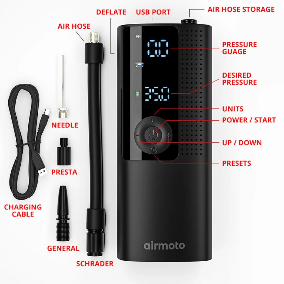 Airmoto ready in a car emergency kit alongside other roadside tools