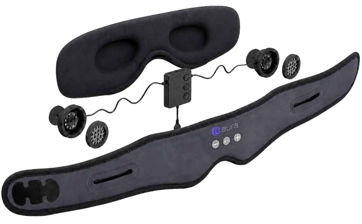 The AURA Bluetooth sleep mask showing its 3D contoured design and built-in speakers