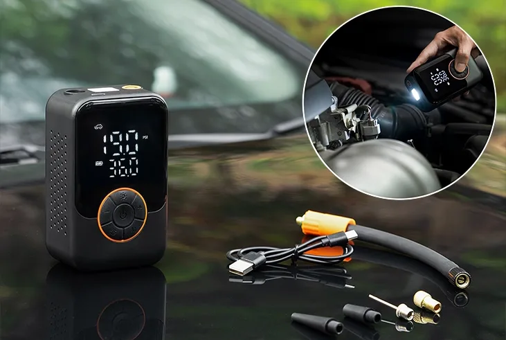 The Auto Air portable tire pump showing its compact size and digital display