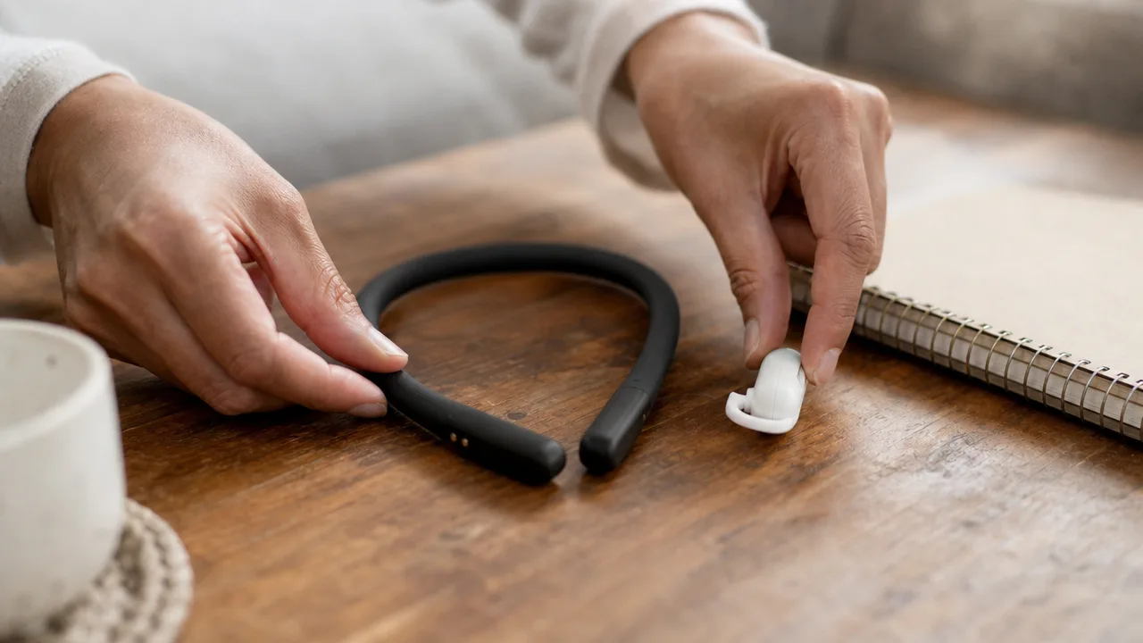 Hands comparing a neckband stimulator and an earpiece device on a table