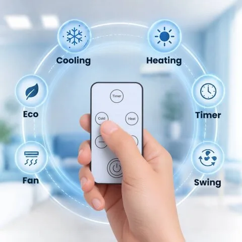 BlizzAir touchscreen showing the six climate modes including Cool, Eco, and Fan