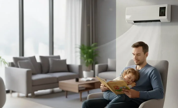 BlizzAir portable AC placed in a living room showing how it fits into home decor