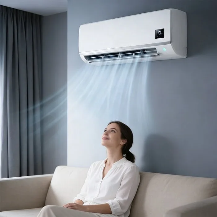 A portable AC being given its yearly deep clean, vacuuming the coil area with a soft brush