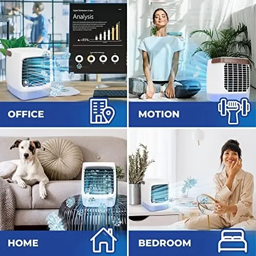 The ChillWell 2.0 portable evaporative cooler in use, showing the refillable tank routine
