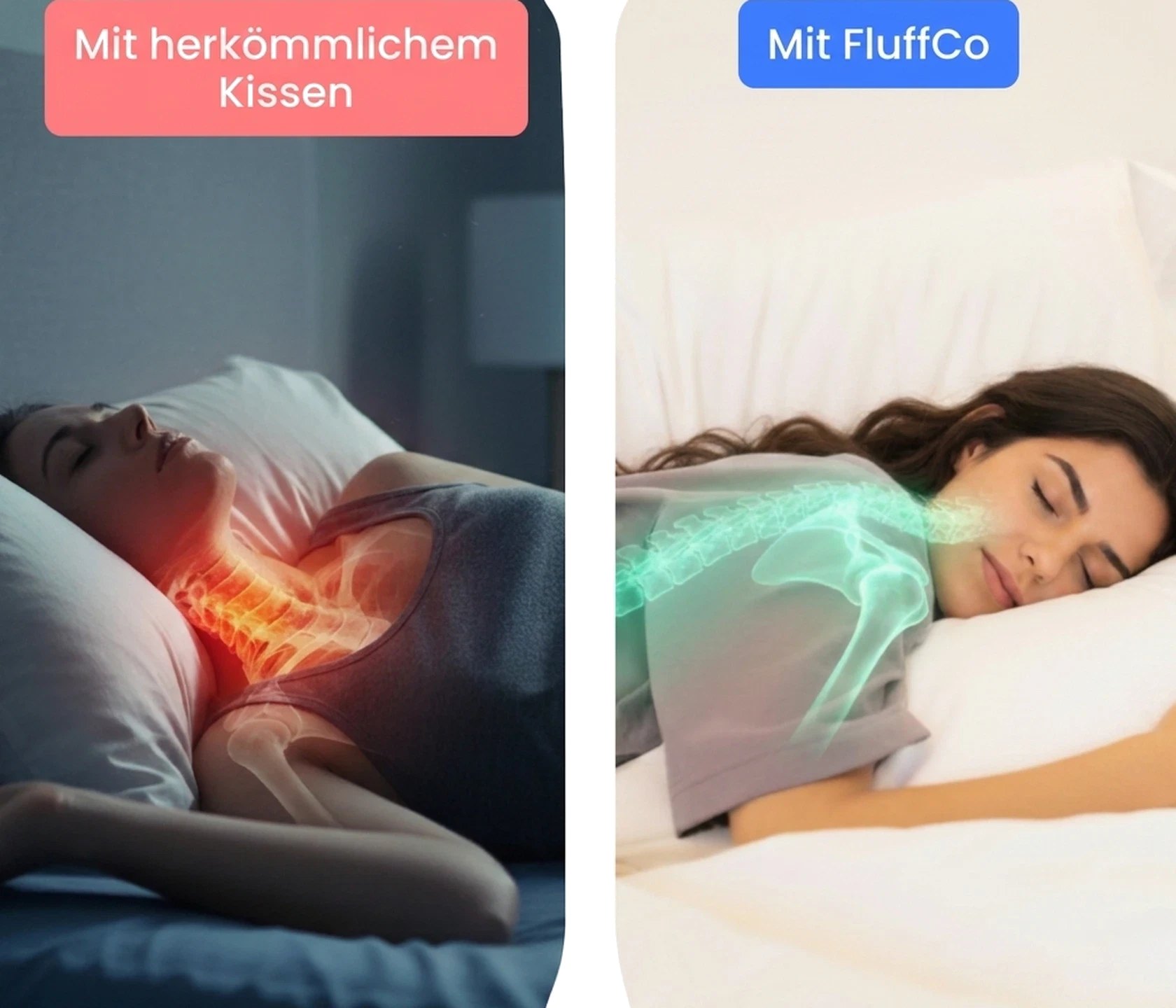 FluffCo pillow comparison showing hotel-grade construction vs regular pillows