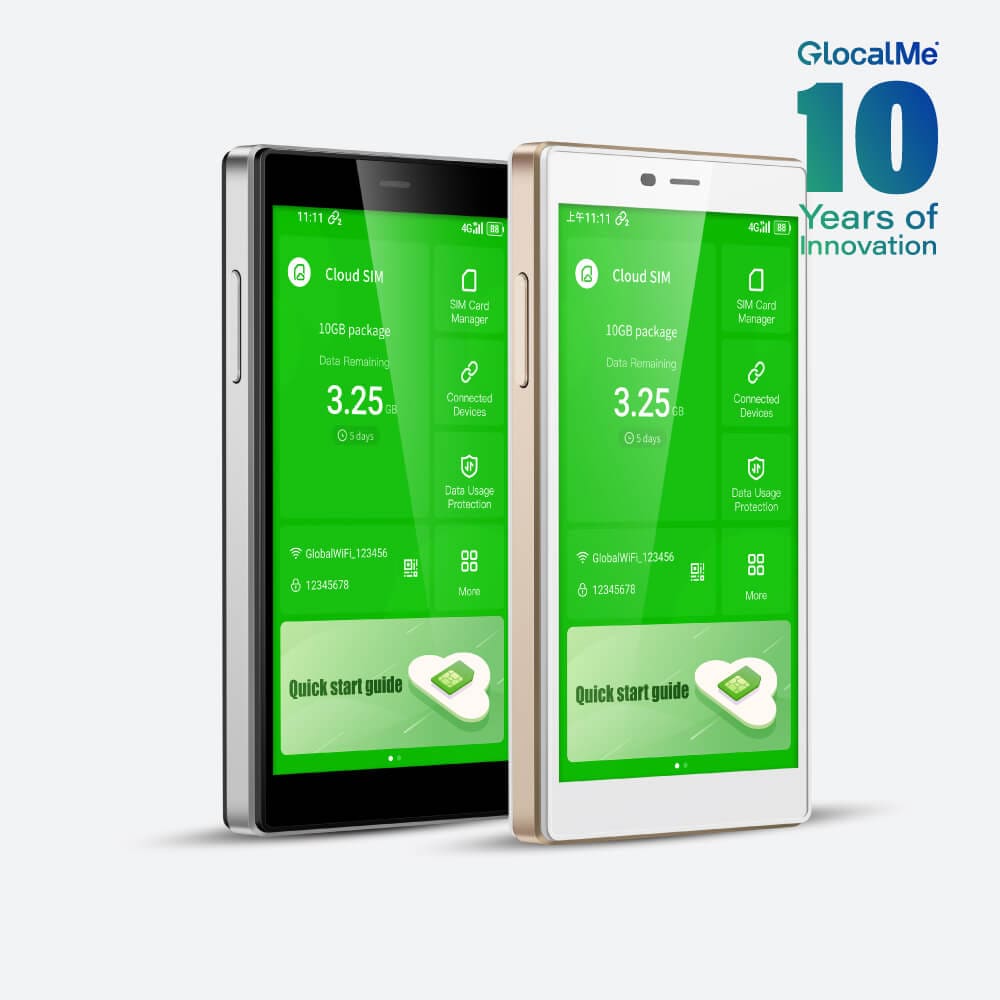 GlocalMe Solis handheld showing no-contract data plan activation