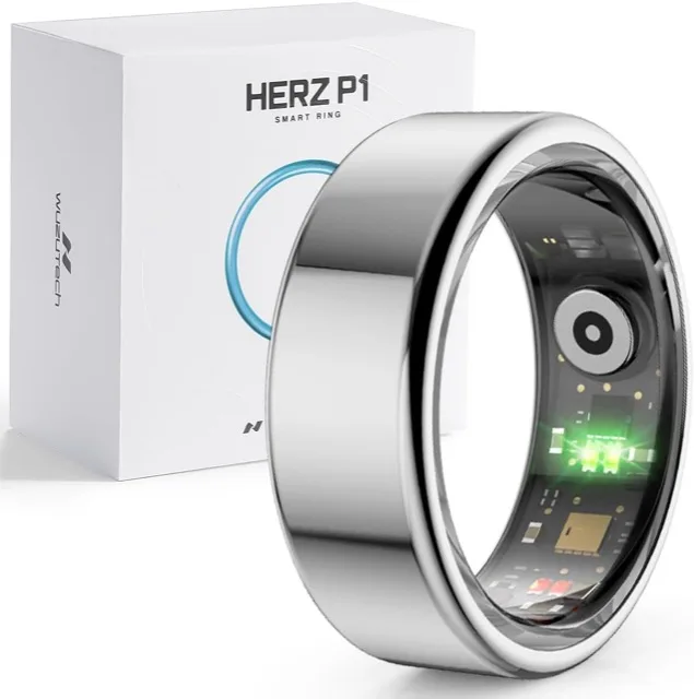 Herz P1 smart ring sensors and retail box showing the optical heart rate array