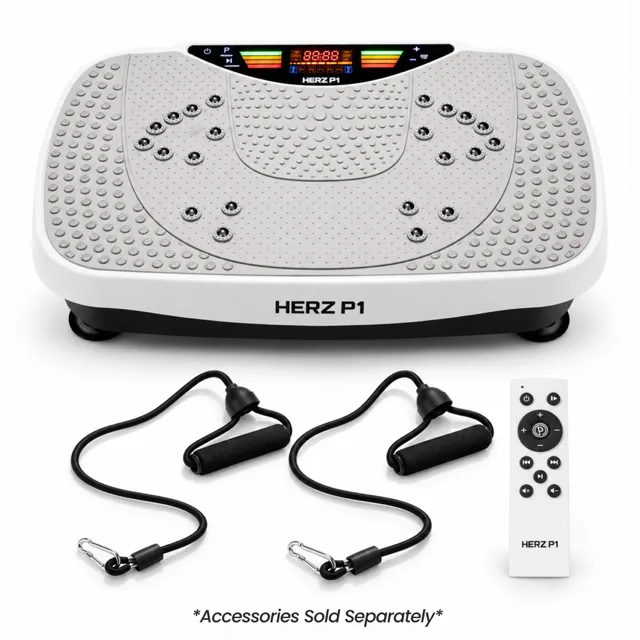 Herz P1 vibration plate with remote and resistance bands laid out in front