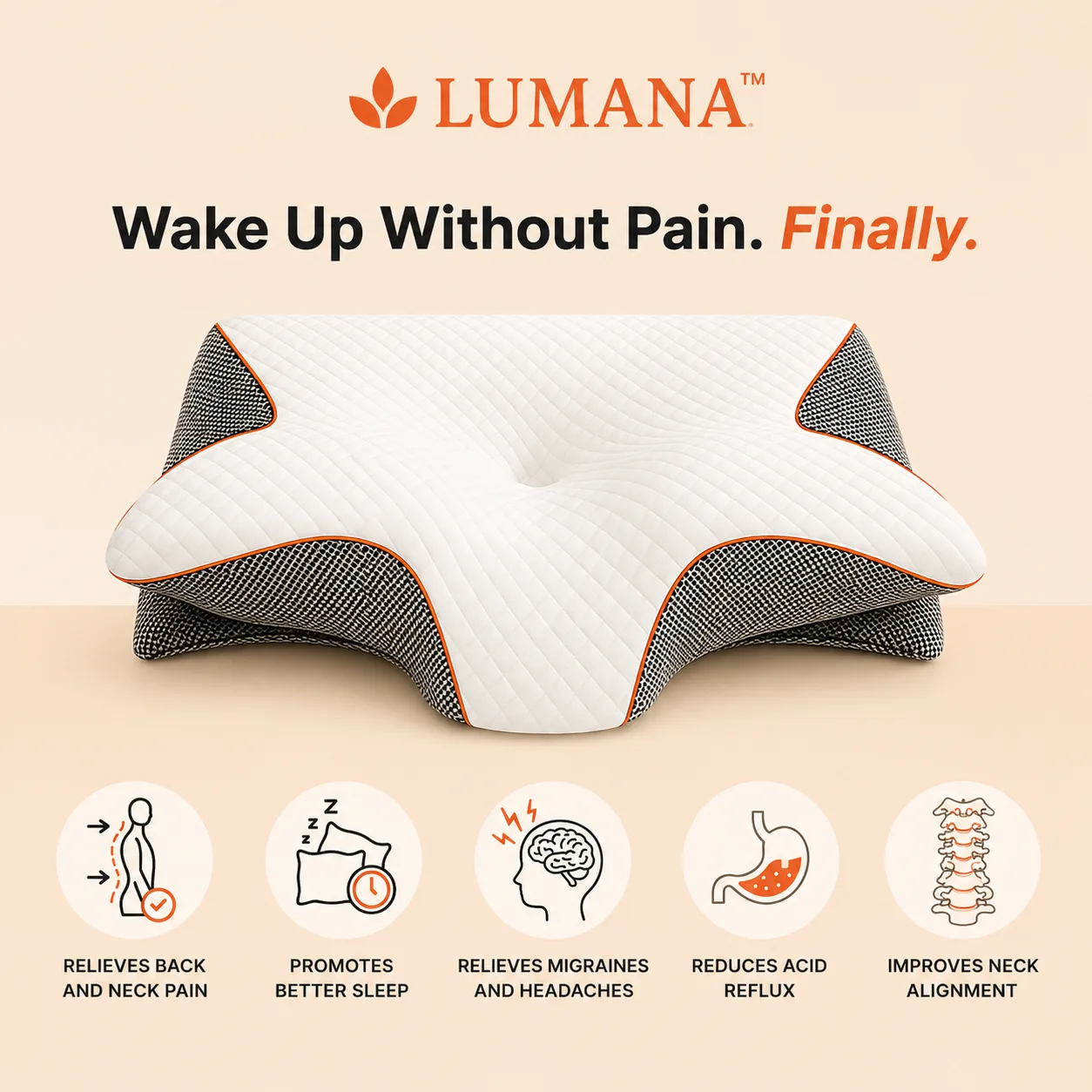 LUMANA Relief Pro ergonomic contour pillow with dual-height design and memory foam