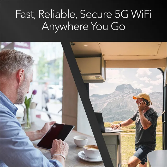 Traveler working remotely with laptop using mobile hotspot data