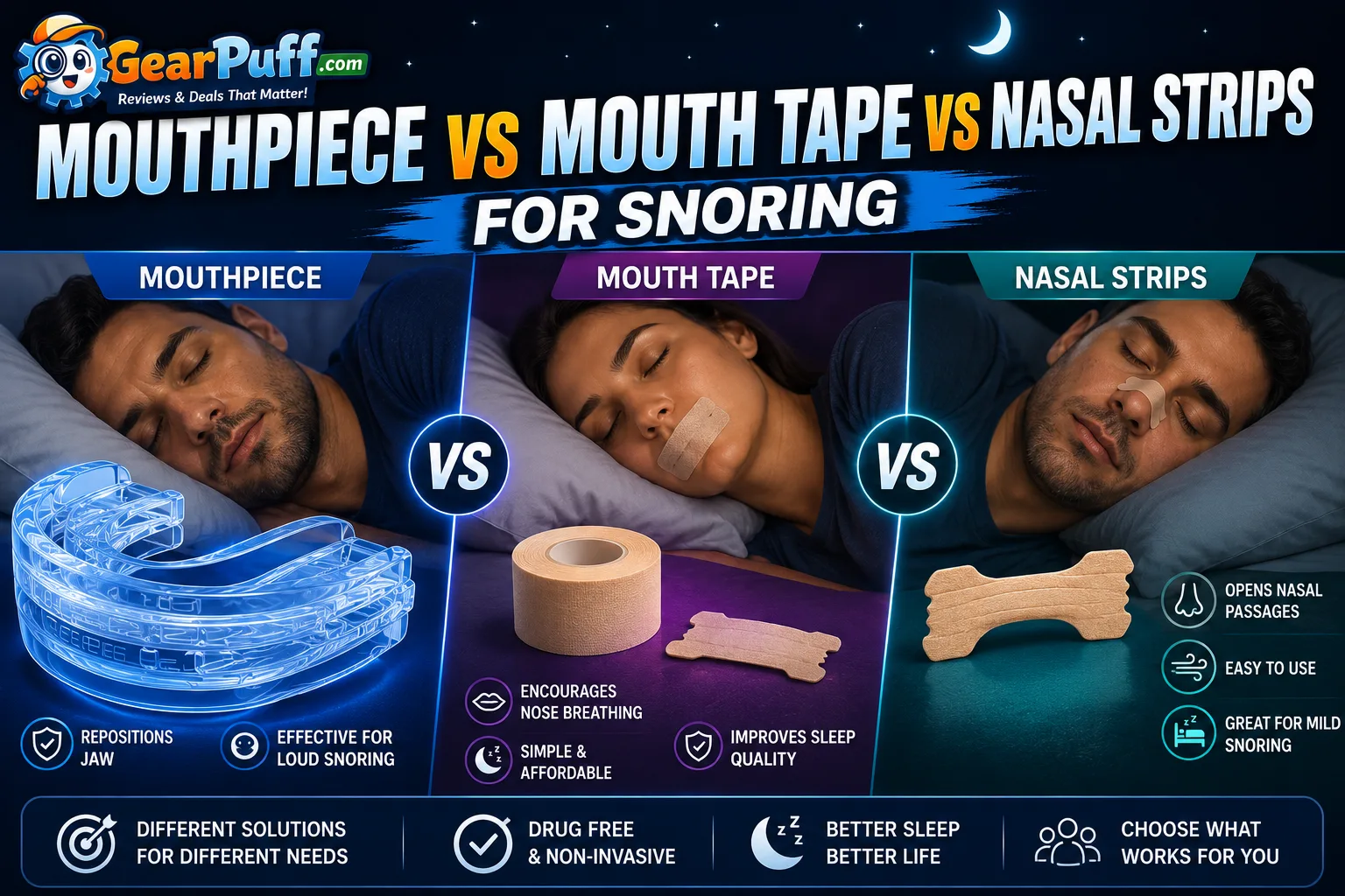 Mouthpiece vs Mouth Tape vs Nasal Strips for Snoring — Wellness Gadgets | GearPuff