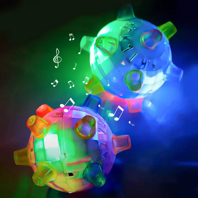 Jumping ball lit up in the dark with green, red and blue lights