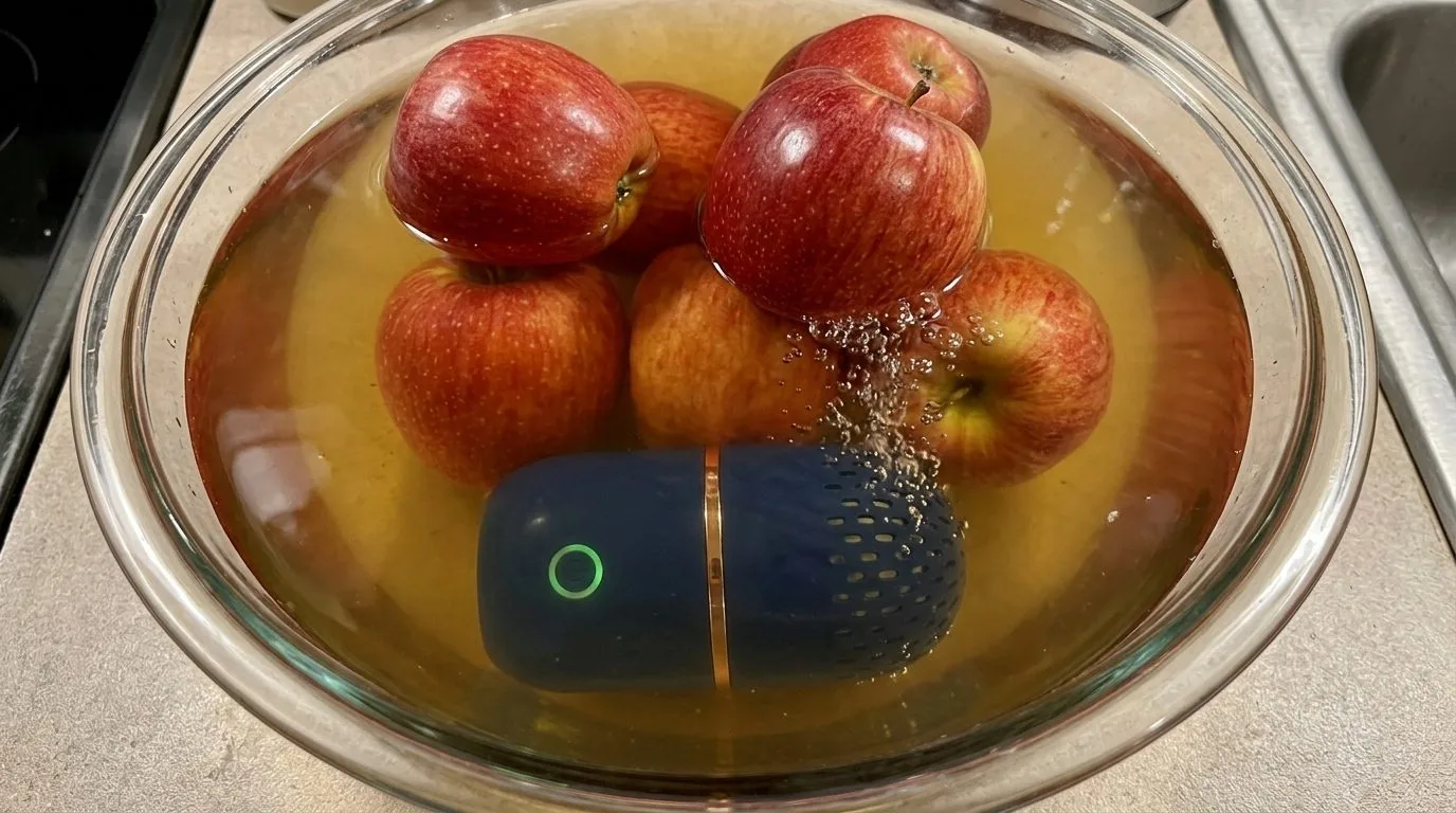 PodBloom produce cleaner overview showing murky water after cleaning cycle