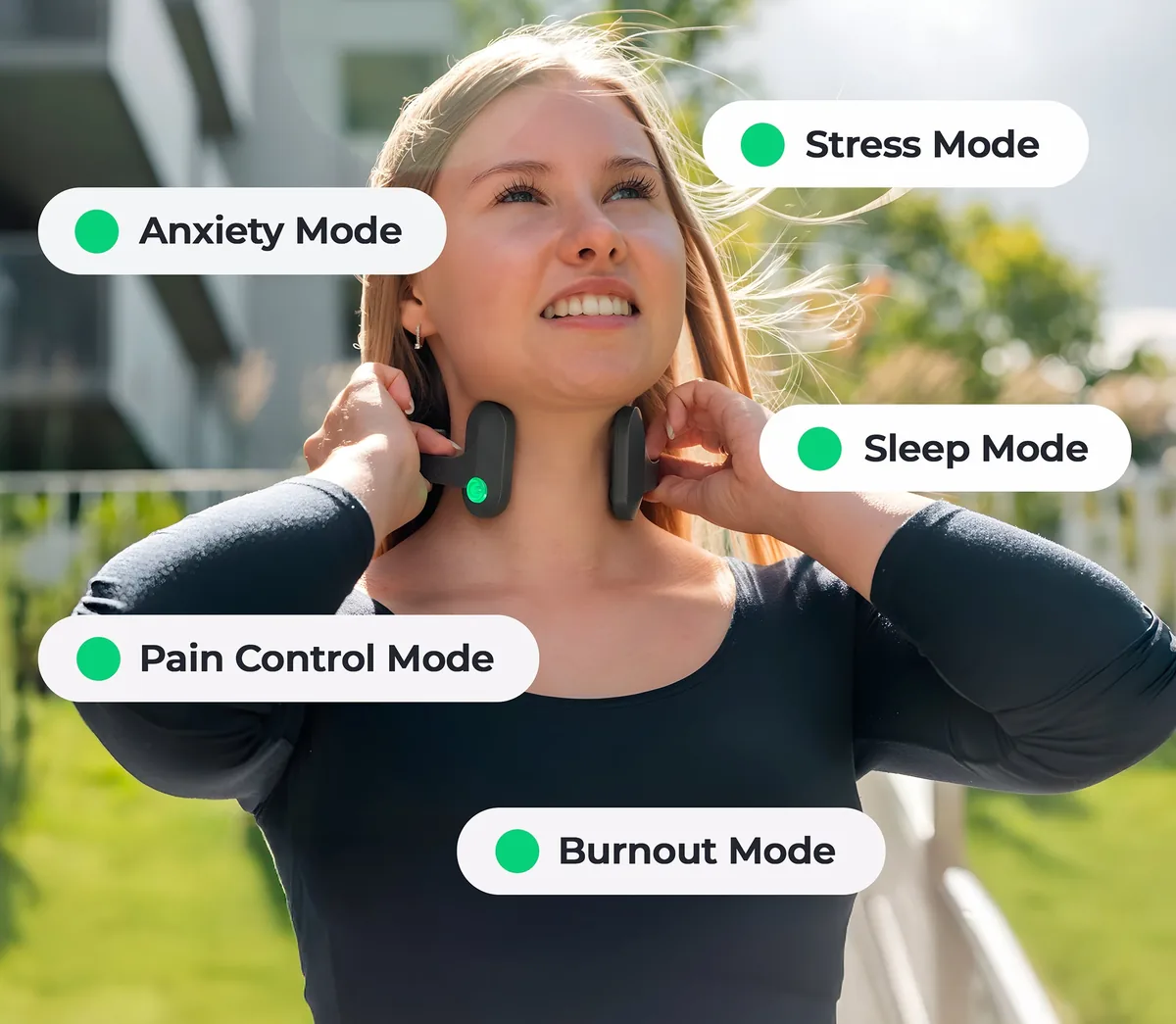 Pulsetto neckband device showing the bilateral electrodes and companion app programs