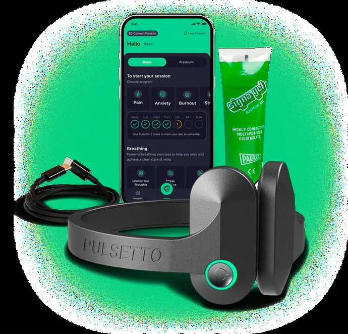 Everything included with Pulsetto, device, gel, cable and app access