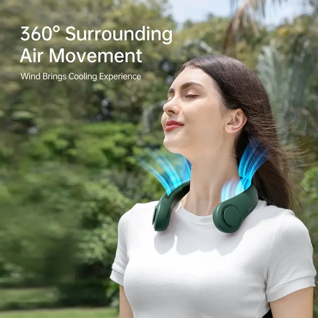 Woman wearing a green bladeless neck fan outdoors showing 360 degree surrounding airflow
