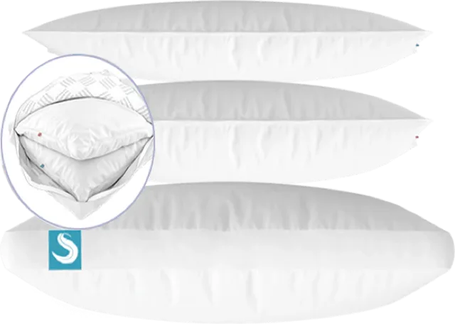 The Sleepgram 3-in-1 pillow diagram showing the cotton cover and two inner inserts for soft, medium, and firm configurations