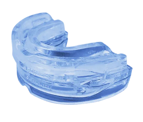 A boil-and-bite anti-snoring mouthpiece seated on teeth