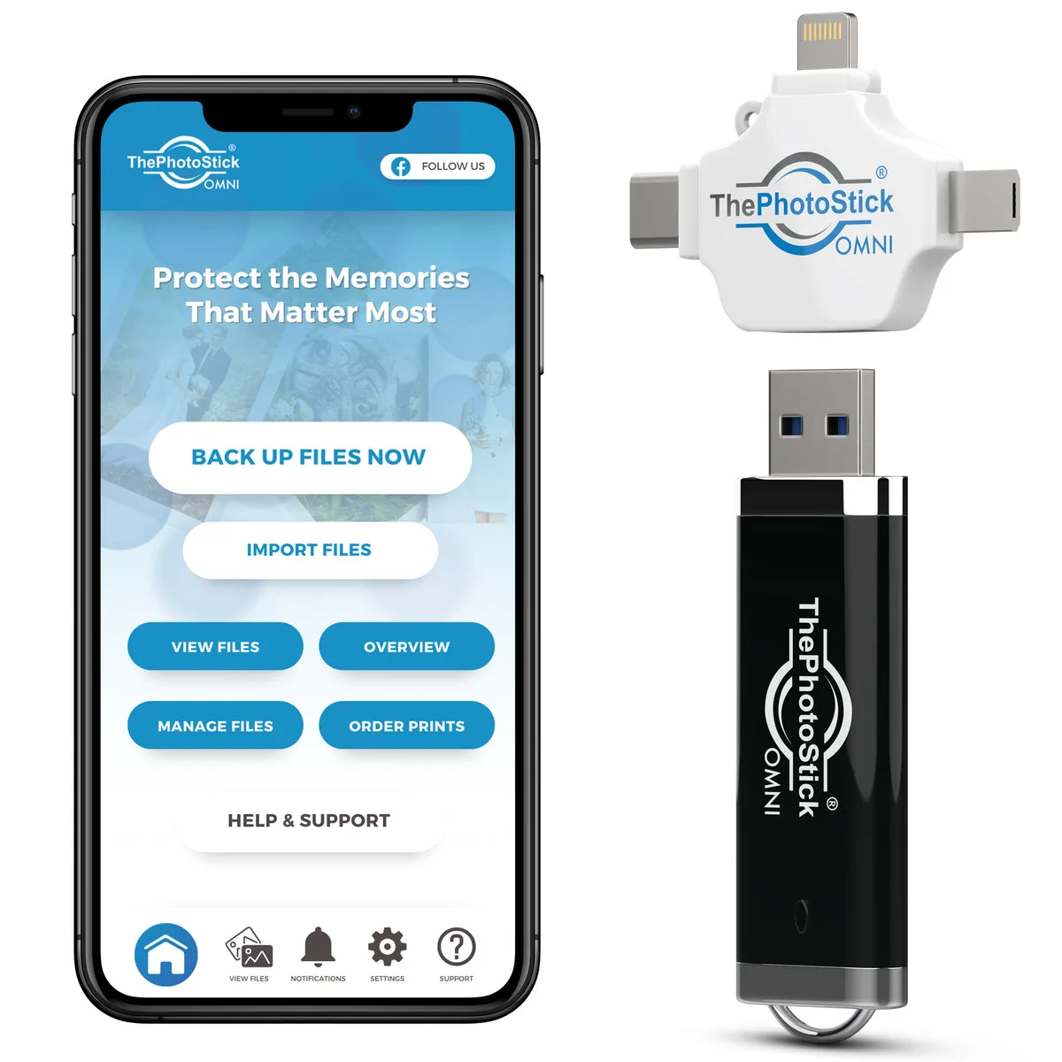 ThePhotoStick Omni with its four connector types: USB-A, USB-C, Lightning, and Micro-USB