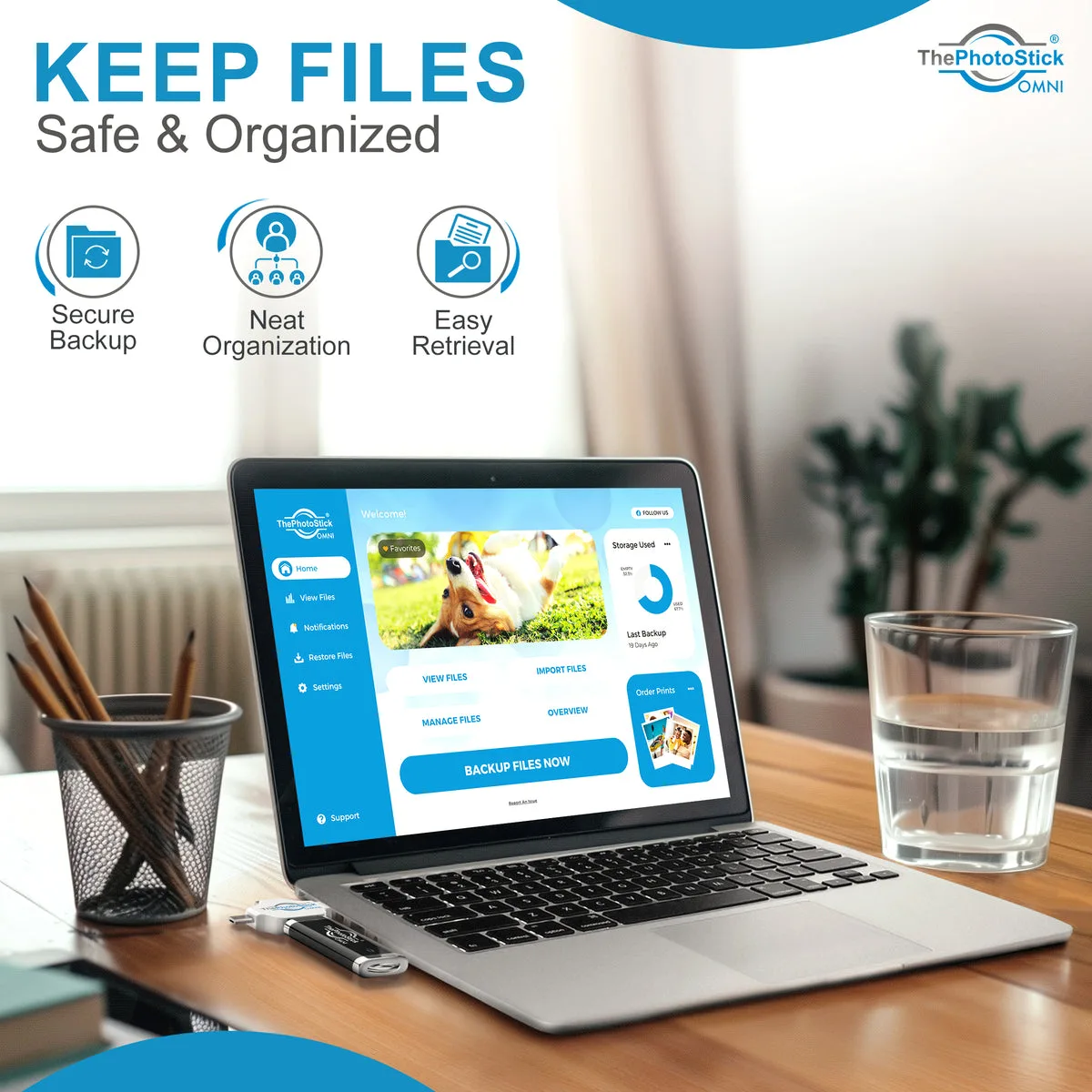 ThePhotoStick Omni features: one-click backup, automatic duplicate detection, and no subscription fees