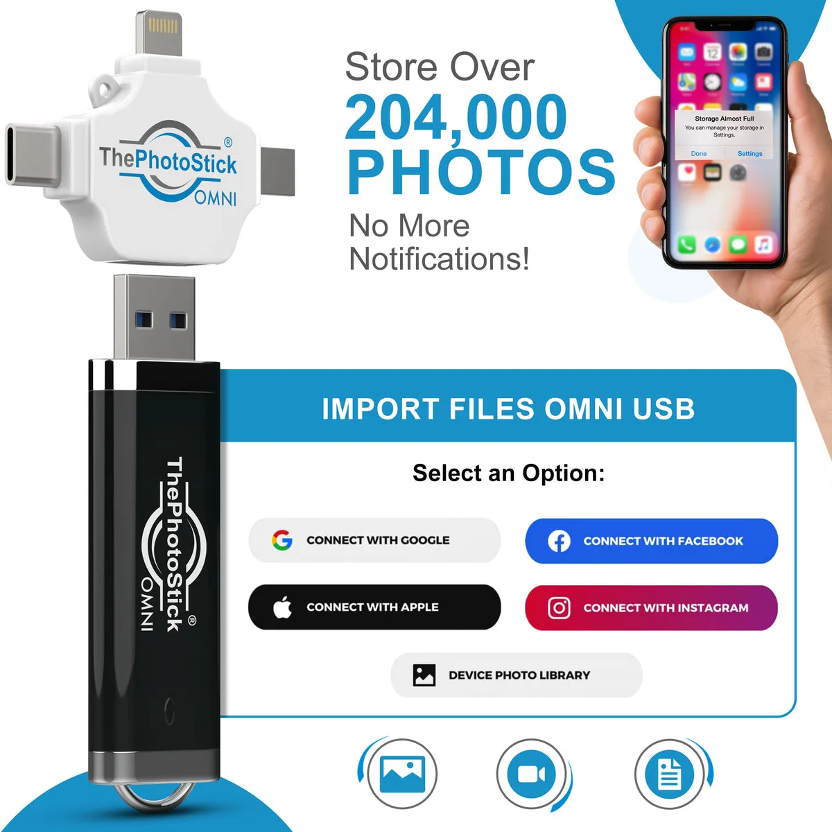ThePhotoStick Omni in use: plug in, click Go, and it automatically backs up your photos