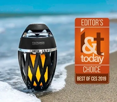 TikiTunes on a beach with LED flame lit, Editor's Choice Best of CES 2019 badge