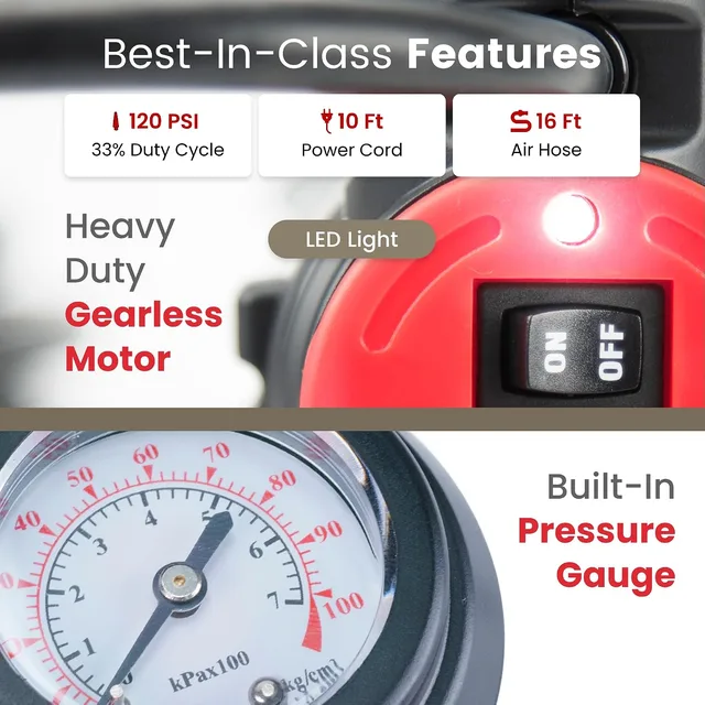 VIAIR 88P feature highlights including duty cycle and built-in gauge
